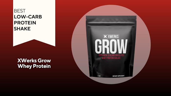 A red background with a white banner reading "Best Low-Carb Protein Shake" next to a black bag of XWerks Grow whey protein powder in Chocolate flavor